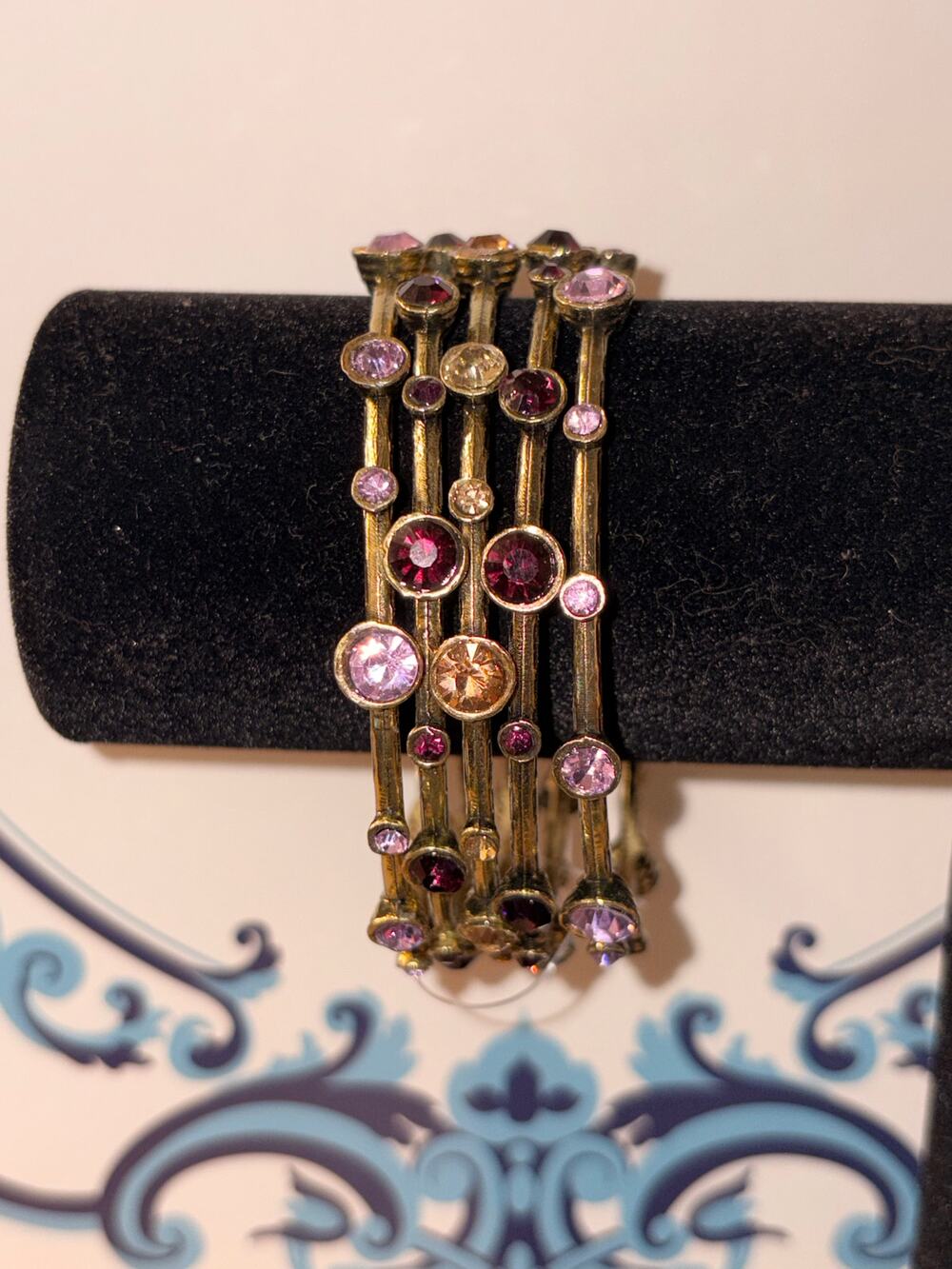 Antiqued Gold & Berry Rhinestone Bangle Stack Multi Tone Jewel Bezel Set Bangles